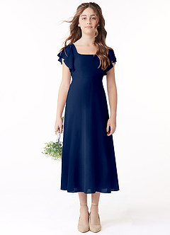 Azazie Bondi Junior Vestido de Azul Marino Oscuro de Gasa de Corte en A con Volante image2