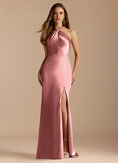 Azazie Tracie Bridesmaid Dresses Rosette A-Line Pleated Metallic Satin Dress image1