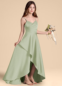 Azazie Prisha Junior Robe Trapèze en Satin extensible Plissée Vert Sauge image8