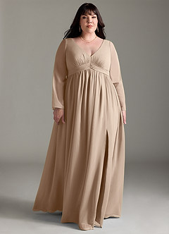 Azazie Teton Vestidos de dama de honra para maternidade Vestido Linha A Manga comprida Comprimento do chão Chiffon image9