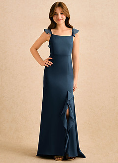 Azazie Novalie Girls Formal Flower Girl Dresses Dark Navy Mermaid Bow Stretch Satin Dress image4