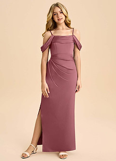 Azazie Saige Junior Desert Rose Sheath Off the Shoulder Stretch Satin Dress image3