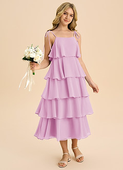 Azazie Shortcake Junior Vestido de Rosa Caramelo de Gasa de Corte en A con Lazo image6