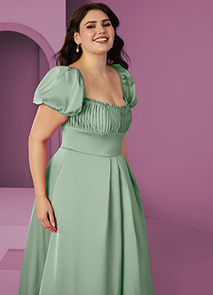 Barbie ♥ Azazie Bridesmaid Dresses Agave A-Line Ruched Stretch Satin Dress image4
