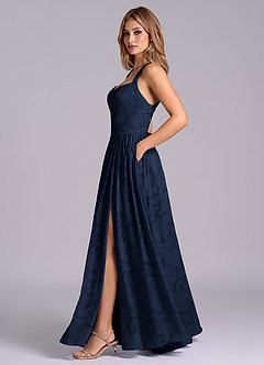 Azazie Francis Bridesmaid Dresses Dark Navy A-Line Corset Floral Burnout Dress image3