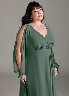Azazie Matilda Bridesmaid Dresses Eucalyptus A-Line Long Sleeve Chiffon Dress image15