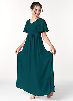 Azazie Temeka Junior Pine A-Line Pleated Chiffon Dress image3