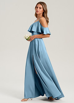 Azazie Jean Bridesmaid Dresses Steel Blue A-Line Off the Shoulder Stretch Satin Dress image5