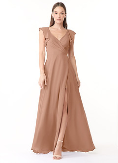 Azazie Yoko Bridesmaid Dresses Champagne Rose A-Line Ruched Chiffon Dress image1