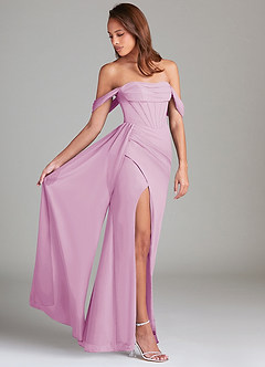 Azazie Amyra Bridesmaid Dresses Candy Pink Sheath Off the Shoulder Chiffon Convertible Dress image2