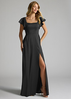 Azazie Bondi Bridesmaid Dresses Black A-Line Bow Stretch Satin Dress image2