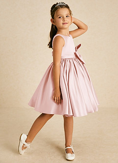 Azazie Apple Flower Girl Dresses Blushing Pink A-Line Bow Matte Satin Dress image3