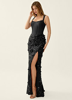 Belinda Schwarz Meerjungfrauen-Abendkleid mit 3D-Blumen-Korsett und Schnürung am Rücken image4