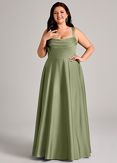 Azazie Shaude Bridesmaid Dresses Garden Sage A-Line Pleated Stretch Satin Dress image9
