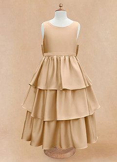 Azazie Margie Flower Girl Dresses Gold A-Line Bow Stretch Satin Dress image4