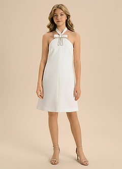 Azazie Alina Junior Formal Linia A Ukłon Rozciągliwy Krep Mini Młodsza druhna Sukienka image3