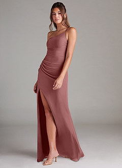 Azazie Eren Bridesmaid Dresses Desert Rose Sheath One Shoulder Chiffon Dress image5