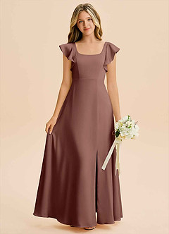 Azazie Bondi Junior Abito A-Line in Raso Elasticizzato Spacco Laterale Espresso image1