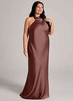 Azazie Velli Vestidos de damas de honor Vestido de Expresado de Satén Elástico de Corte Sirena con Cuello Alto image10