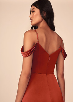 Azazie Ocean Bridesmaid Dresses Rust A-Line V-Neck Pleated Stretch Satin Dress image5