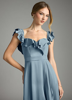Azazie Lyra Bridesmaid Dresses Dusty Blue A-Line Off the Shoulder Stretch Satin Convertible Dress image2