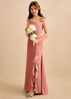 Azazie Novalie Girls Formal Robe Demoiselle D'honneur Fillette Robe Sirène en Satin extensible Arc Rose Saumon image2