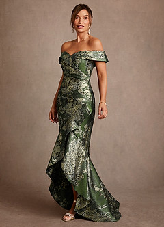 Azazie Winnetka Moeder van de bruid jurken Zeemeermin Jurk van Bloemenjacquard Off the Shoulder Matcha Groen image3