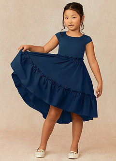 Azazie Lee Flower Girl Dresses Dark Navy A-Line Bow Stretch Satin Dress image1