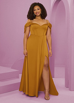 Barbie ♥ Azazie Bridesmaid Dresses Butterscotch A-Line Off the Shoulder Stretch Satin Dress image1
