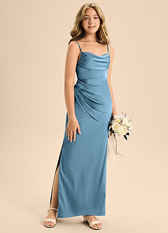 Azazie Mai Junior Robe Trapèze en Satin extensible Encolure en Forme de Cœur Acier Bleuté image3