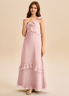 Azazie Tavie Junior Powder Pink A-Line Ruched Chiffon Dress image3