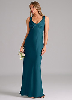 Azazie Kamila Robes de demoiselle d'honneur Robe Trapèze en Satin extensible Plissée Bleu Encre image5