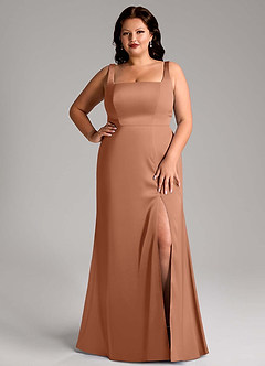 Azazie Frostine Bridesmaid Dresses Bronzer A-Line Bow Stretch Satin Dress image12