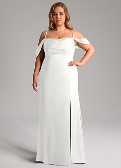 Azazie Saige Bridesmaid Dresses White Sheath Off the Shoulder Stretch Satin Dress image15