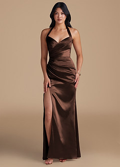 Azazie Emeria Bridesmaid Dresses Ganache Sheath Side Slit Metallic Satin Dress image1