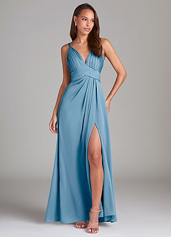 Azazie Maren Allure Abiti da Damigella Abito A-Line in Raso Elasticizzato Pizzo Blu Acciaio image3