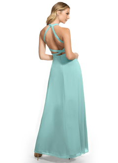 Azazie Clarice Bridesmaid Dresses Aqua A-Line Halter Chiffon Dress image4