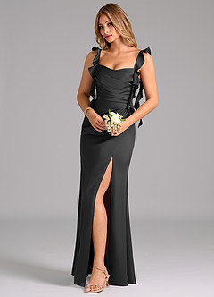 Azazie Jessamine Bridesmaid Dresses Black A-Line Corset Stretch Satin Dress image1