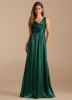 Azazie Keyla Bridesmaid Dresses Pine A-Line Pleated Metallic Satin Dress image1
