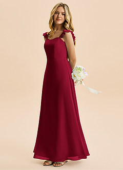 Azazie Mavie Junior Abito A-Line in Chiffon Increspato Borgogna image3