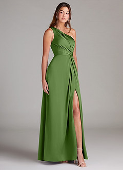 Azazie Brooke Vestidos de damas de honor Vestido de Albahaca de Satén Elástico de Corte en A con Hombro unilateral image5