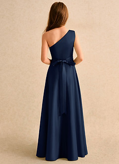 Azazie Puddles Girls Formal Flower Girl Dresses Dark Navy A-Line One Shoulder Matte Satin Dress image3