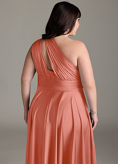 Azazie Charlize Bridesmaid Dresses Salmon Pink A-Line One Shoulder Stretch Satin Dress image16