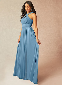 Azazie Hillian Abiti da Damigella Abito A-Line in Maglia con Scollo Halter a Pieghe Blu Acciaio image3