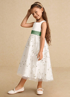 Azazie Pollie Flower Girl Dresses Ivory Matcha A-Line Bow Tulle Dress image8