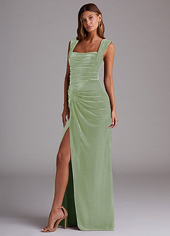 Azazie Genesis Bridesmaid Dresses Dusty Sage Sheath Pleated Velvet Dress image4