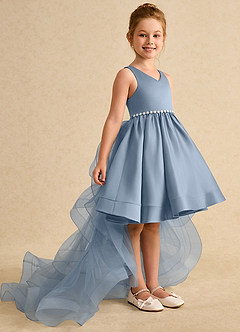 Azazie Julietta Flower Girl Dresses Dusty Blue Ball-Gown Convertible Tulle Dress image3