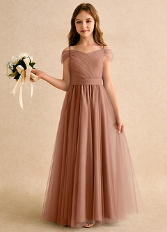 Azazie Yuna Girls Formal Abiti da Ragazza di Fiori Abito A-Line in Tulle Spalle Scoperte Bronzo image3