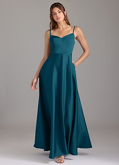 Azazie Marley Robes de demoiselle d'honneur Robe Trapèze Convertible en Satin extensible Épaule décolletée Bleu Encre image1