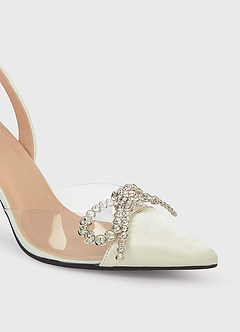 front Zapatos de tacón de aguja con tira trasera de satén y lazo de diamantes de imitación